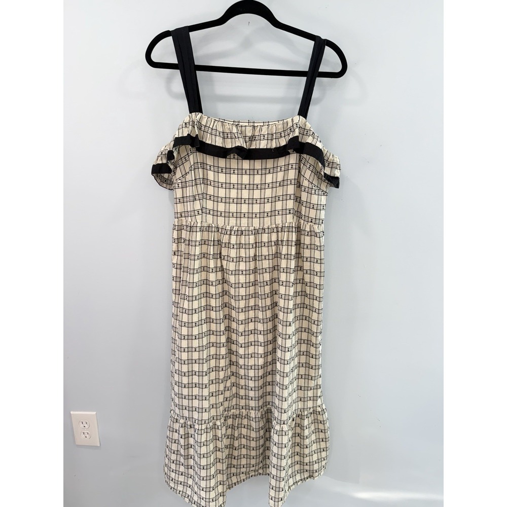 LOFT Women's Size 12 Cotton Plaid Maxi Dress Black Ivory Ruffle Trim Romantic